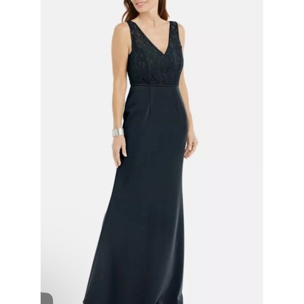 Adrianna Papell‎ Illusion Lace Crepe Navy Blue Gown Size 6
